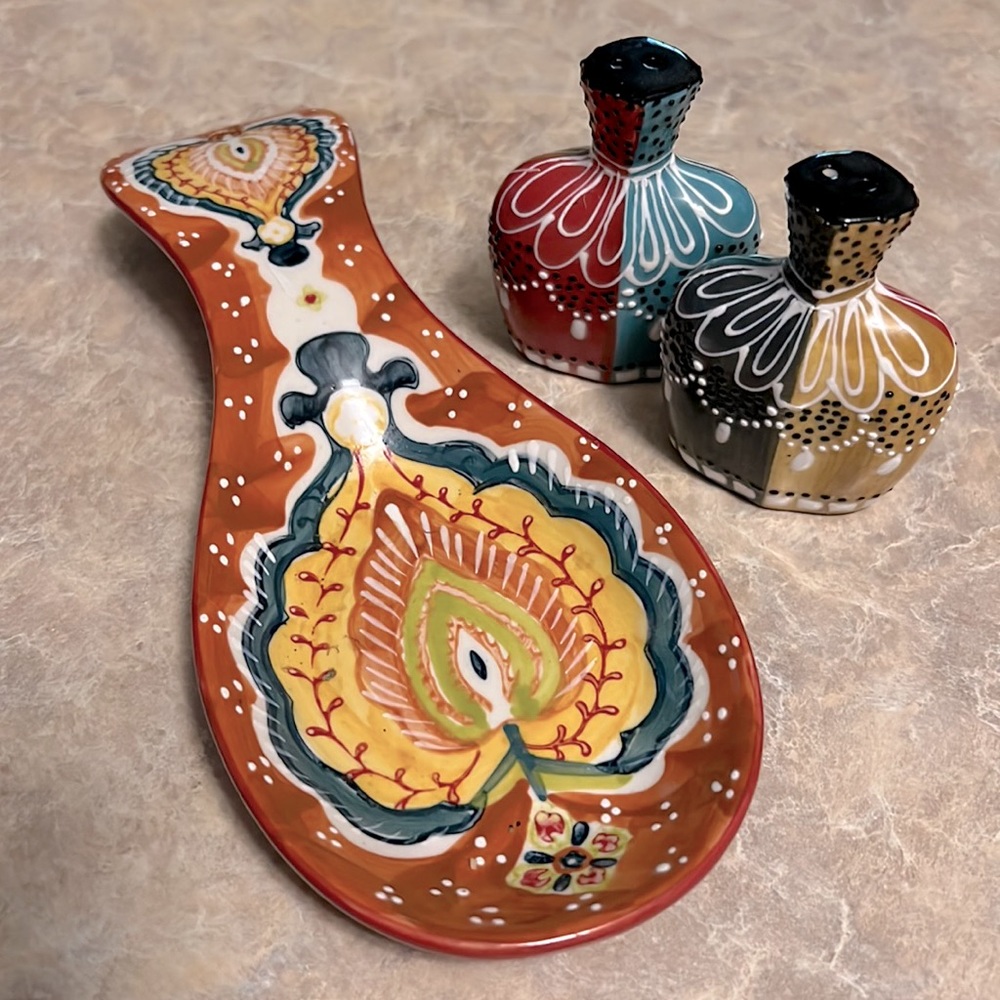 Anthropologie Salt & Pepper and Spoon Rest. RARE